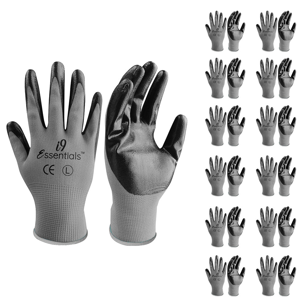 12 Pairs of gloves Large Nitrile-Coated Work Gloves | Lightweight Multi-Purpose Safety Gloves with Grip - Grey and Black
