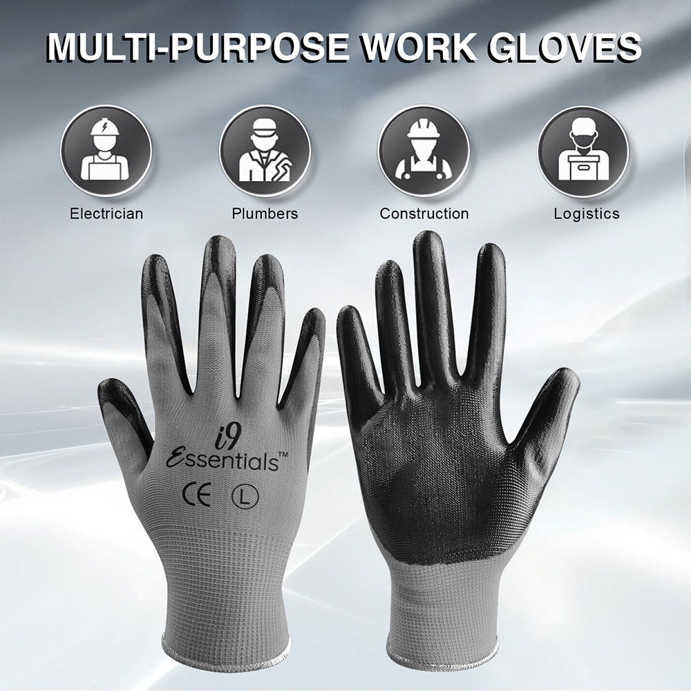12 Pairs of gloves Large Nitrile-Coated Work Gloves | Lightweight Multi-Purpose Safety Gloves with Grip - Grey and Black
