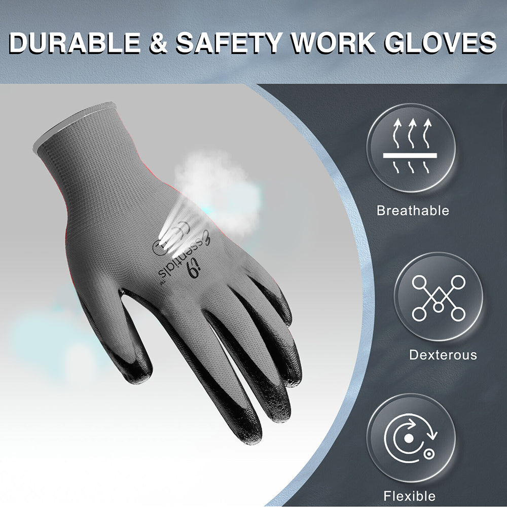 12 Pairs of gloves Large Nitrile-Coated Work Gloves | Lightweight Multi-Purpose Safety Gloves with Grip - Grey and Black