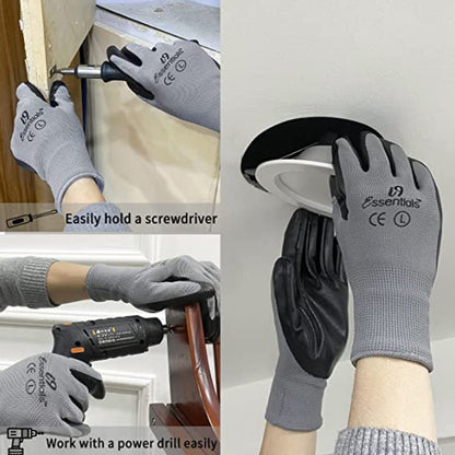 12 Pairs of gloves Large Nitrile-Coated Work Gloves | Lightweight Multi-Purpose Safety Gloves with Grip - Grey and Black