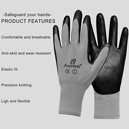 12 Pairs of gloves Large Nitrile-Coated Work Gloves | Lightweight Multi-Purpose Safety Gloves with Grip - Grey and Black